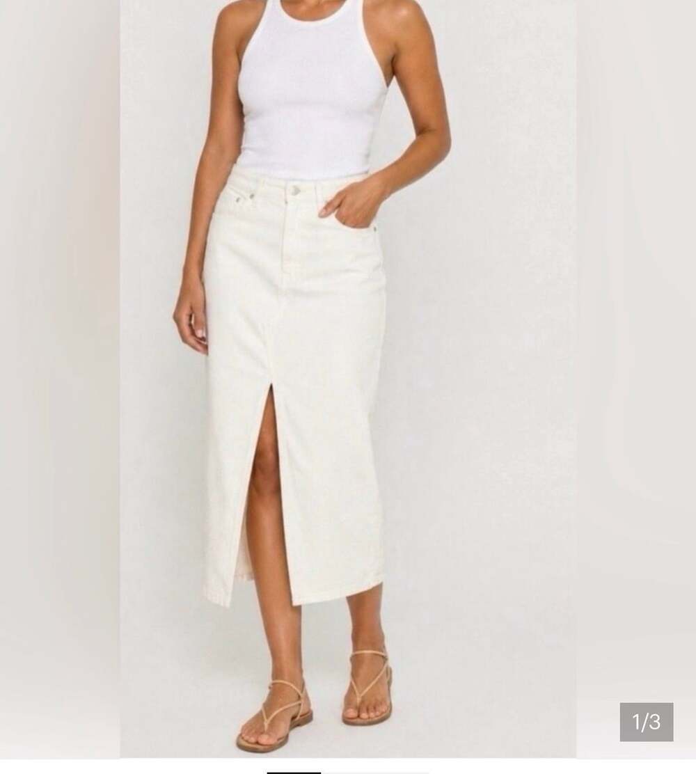 Good American Slit Front Midi Denim Skirt Cloud White Size 6 28